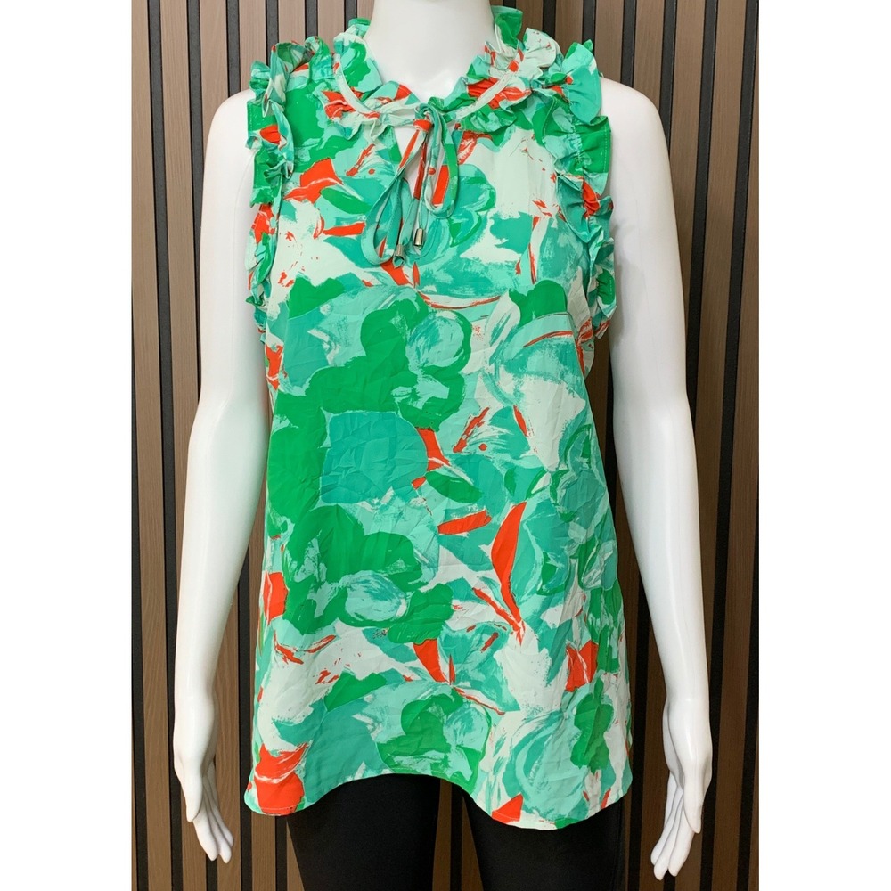 Entro Women's Green Orange Abstract Floral Ruffle Keyhole Sleeveless Blouse M